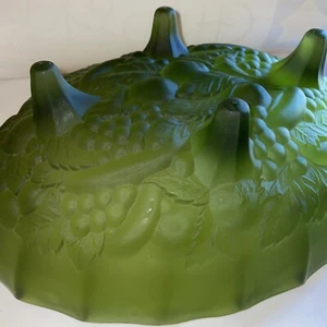 EUC Vtg Indiana Glass Frosted Green Satin Oval Footed Bowl Grape Harvest Rare - Picture 1 of 13