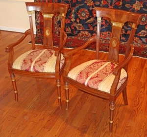 Gorgeous Set of Two Gold Accent Walnut Italian Arm Occasional Arm Chairs - Picture 1 of 13