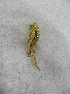 Broche Vintage Pájaro Loro Tono Dorado Animal Colgante Cristal Verde Estrás Foto 1 de 4