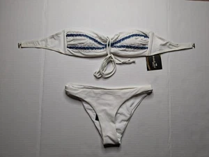Beach Joy Bandeau Bikini Set Top And Bottom, White Blue, Size Medium Swim - Picture 1 of 7