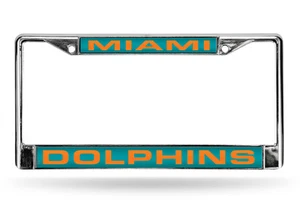 License Plate Frame NFL Miami Dolphins Orange in Teal Laser Cut Chrome - Picture 1 of 2
