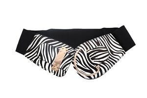 Women Black White Zebra Animal Print Belt Gold Metal Hook Buckle Plus Size L XL