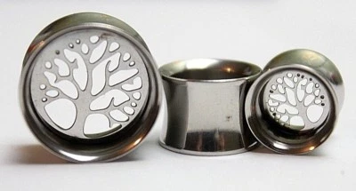 Tree Of Life Silver Steel Earing Gauge Tunnel EarPlug Saddle Double Flare Wicca  - Image 1 of 4