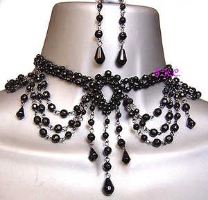 Chic Black Goth Vintage Moulin Burlesque Prom Masquerade Choker Necklace Earring - Picture 1 of 4