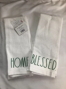 Rae Dunn Lot of 4 White Dish Towels Green Writing Blessed, Lucky, Home NWT - Picture 1 of 2