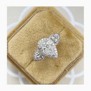 14K White Gold 3 Stone Pear Lab-Created Diamond Engagement Ring 3.11 Ct E-F/VS1 - Picture 1 of 10