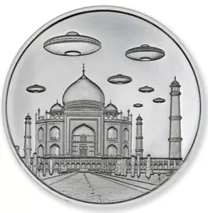 UFOs Over The Taj Mahal 1 oz .999 Fine Silver Round Intaglio BU Alien Abduction - Picture 1 of 3