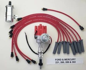FORD 289 302 SMALL FEMALE CAP HEI DISTRIBUTOR + 8.5mm RED PLUG WIRES+CHROME COIL - Picture 1 of 2