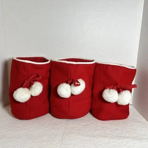 Christmas Velvet Santa Bags (3) Pom Poms 8” H 5” Diameter Gift Bag - Picture 1 of 2