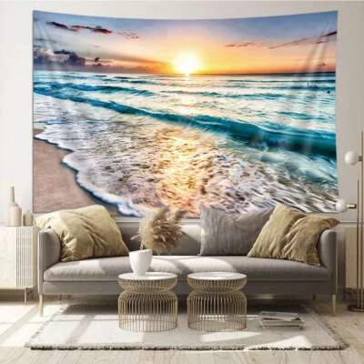 Extra Large Tapestry Wall Hanging Beach Sunset Waves Nature Ocean Art Decor Dorm - Image 1 of 4