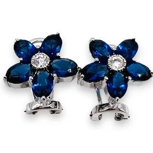 925 Silver Sterling Blue Flower CZ Earrings LA4463 - Picture 1 of 8