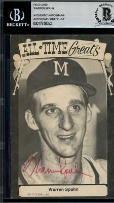 Warren Spahn Gem Mint 10 Beckett BAS Signed 1973 TCMA Postcard Autograph - Image 1 of 2