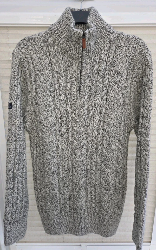 Mens XXL 2XL Superdry 1/4 Zip Neck Grey & White Cable Knit Jumper. Exc Condition - Image 1 of 4