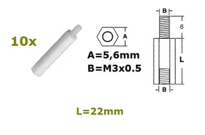 10x Distanziale in nylon esagonale, maschio/femmina, L: 22mm - Foto 1 di 1