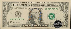 $1 Bill Fancy Serial Number BINARY ODDS 6-of-a-kind (7s) - B 57577777 F - Picture 1 of 15