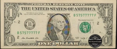 $1 Bill Fancy Serial Number BINARY ODDS 6-of-a-kind (7s) - B 57577777 F - Image 1 of 4