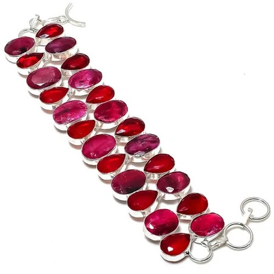 Ruby(Simulated)  Gemstone 925 Sterling Silver Bracelet 7-8" Gift for Her i071 - Image 1 of 3