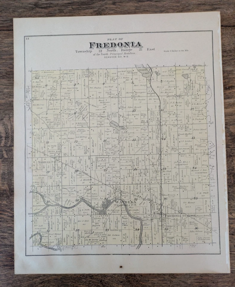 Vintage 1892 Atlas Plat Map ~ Fredonia Waukesha Ozaukee Counties Wisconsin #44 - Image 1 of 4