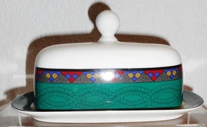 Plato de mantequilla trenzado esmeralda Dansk verde azulado blanco acolchado vajilla Portugal - Imagen 1 de 6