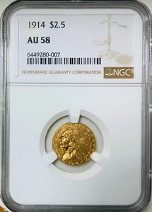 1914 AU58 NGC 2,5 $ INDIAN HEAD GOLD QUARTER EAGLE SCHLÜSSELDATUM - Bild 1 von 3