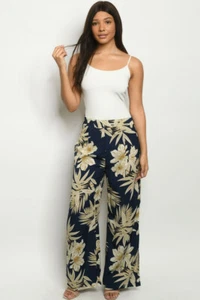 Navy Blue Wide Leg Pants Size Small Tropical Floral Slit Leg Summer Travel - Picture 1 of 3