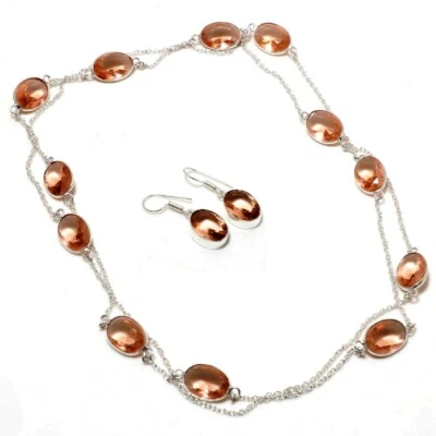 Faceted Morganite Gemstone Antique 925 Sterling Silver Jewelry Chain+ Earring q9 - Image 1 of 4