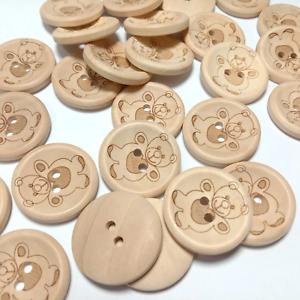 50pcs Wooden Buttons 15mm 20mm 25mm 2-Holes Teddy Pattern Round for Handmade Clo