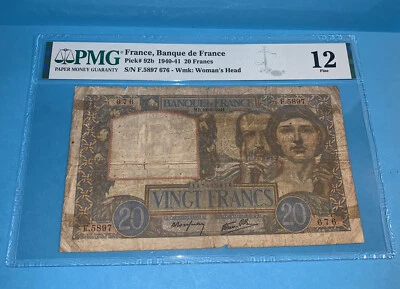 PMG France, Banque de France p92b 1940-41 20 Francs Banknotes 12Fine - Image 1 of 4