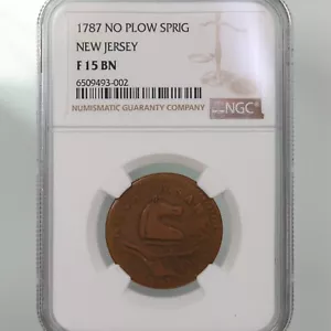 1787 New Jersey No Plow Sprig NGC Certified F15 BN Colonial Era Coin - Picture 1 of 2