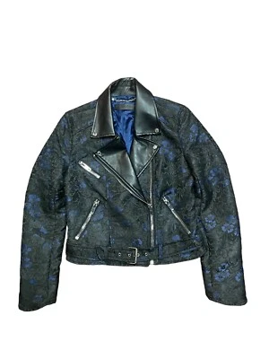 Chaqueta Moto ABS ALLEN SCHWARTZ Azul Negro Floral Brocado Mujer’s Pequeña *Ver Nota Foto 1 de 4