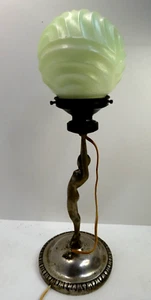 ANTIQUE CHROME DIANA NAKED LADY ART DECO STATUE LAMP GREEN GLASS LIGHTSHADE - Picture 1 of 16