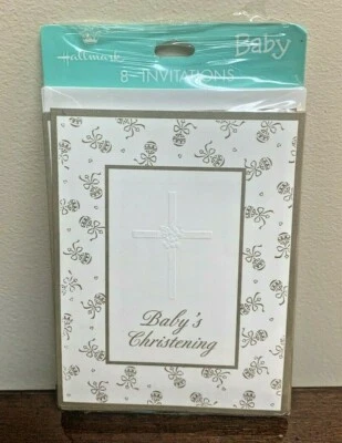 New Baby Christening Baptism Gold Rattle Party Invitation By Hallmark - Set of 8 - Image 1 of 2