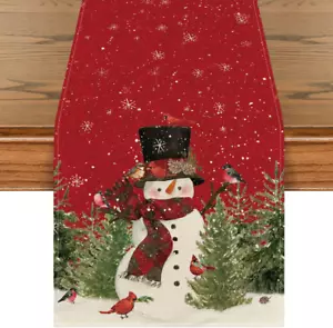 Snowman Christmas Birds Trees Table Runner, Seasonal Winter Xmas Holiday Kitchen - Picture 1 of 6