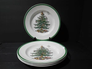 Set of 4 Spode Christmas Tree Green Trim Salad Plates 7 3/4"  (CR003) - Picture 1 of 2