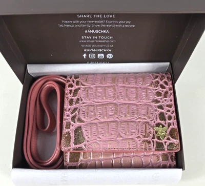 Bandolera organizadora de cuero RFID pintada a mano Anuschka color cocodrilo rubor dorado Foto 1 de 4