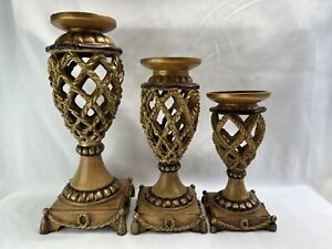 Vintage Pillar Candle Holders Elegant Motif Faux Bamboo Rope Tasle Accents 3 pc