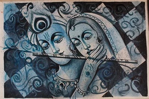 Hand Painted Krishna Radha Painting Of Religious Artwork On Canvas 38x25 Inches - Picture 1 of 9