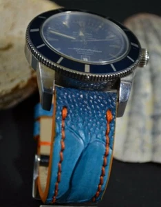 CORREA RELOJ 22 20 18 MM AZUL OCEANIC GENUINA PIEL PATA AVESTRUZ MA STRAP A MANO - Picture 1 of 12