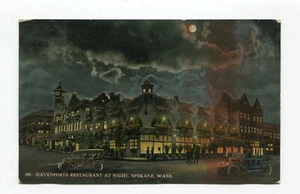POSTCARD DAVENPORTS RESTAURANT At Night Spokane, Washington WA 1913 Old Cars - Picture 1 of 2