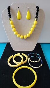 Yellow & Black Beaded Necklace, Bracelet And Hoop Earrings Set