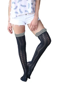 Boot Socks Womens Thick Crochet Lace Trim Pointelle 80% Cotton Black Ivory - Picture 1 of 3