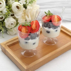 24 Clear 5 oz Disposable Ribbed Round Plastic Dessert CUPS Spoon Set Party Event - Picture 1 of 9