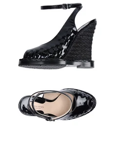 NIB Bottega Veneta black patent leather wedge espadrille peep toe 38 7.5 sandals - Picture 1 of 16