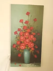 Pintura al óleo original vintage rosas rojas en jarrón verde - Imagen 1 de 22