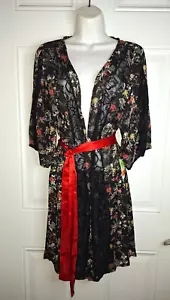 Sam Edelman Open Coverup Robe Chiffon Lace Kimono Black Floral Print Size S - Picture 1 of 8