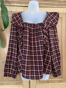Neu mit Etikett Anthropologie INDIGO MOHNBLUMEN karierte Bluse böhmischer Bauer quadratischer Ausschnitt ~ L - Bild 1 von 11