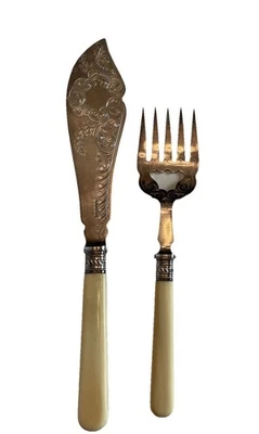 Antiguo Juego de 2 Mangos de Celuloide Plato Plateado Tenedor Cuchillo Foto 1 de 4