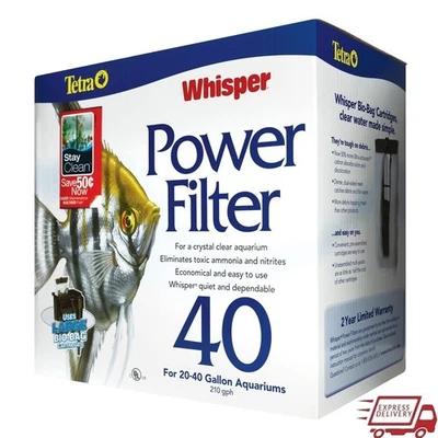 Whisper Power Filter Quiet 3-Stage Filtration Aquariums 40 Gallon Odor Removal - Image 1 of 4
