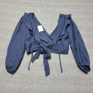 Paper Crane Wickeltop Damen klein dunkelblau Langarm Rüschen Boho Bluse zum Binden - Bild 1 von 6