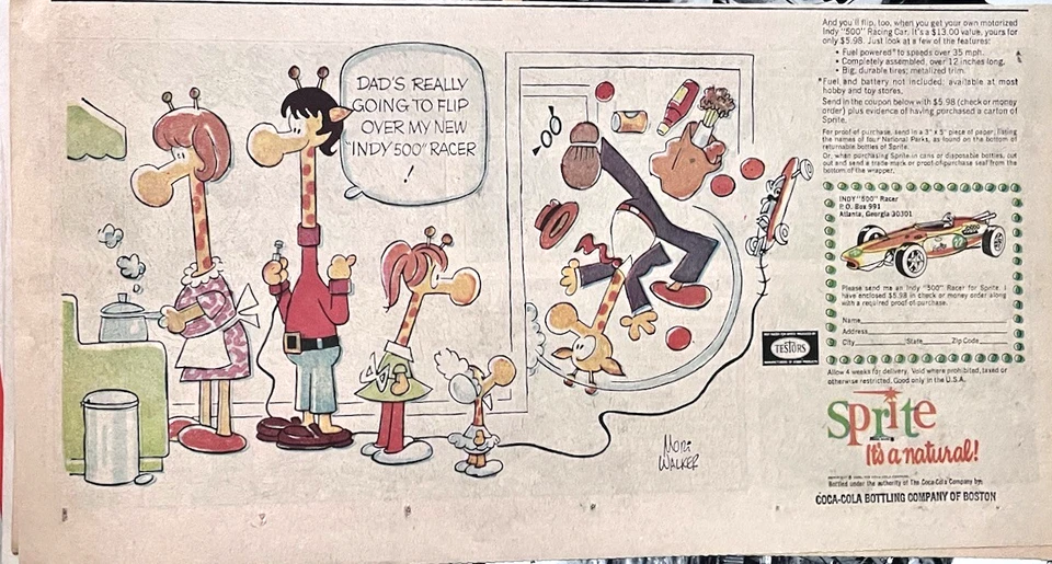 1969 Sunday newspaper ad for Sprite - Giraffe Dad "flips" on Sprite Indy Racer - Image 1 of 1